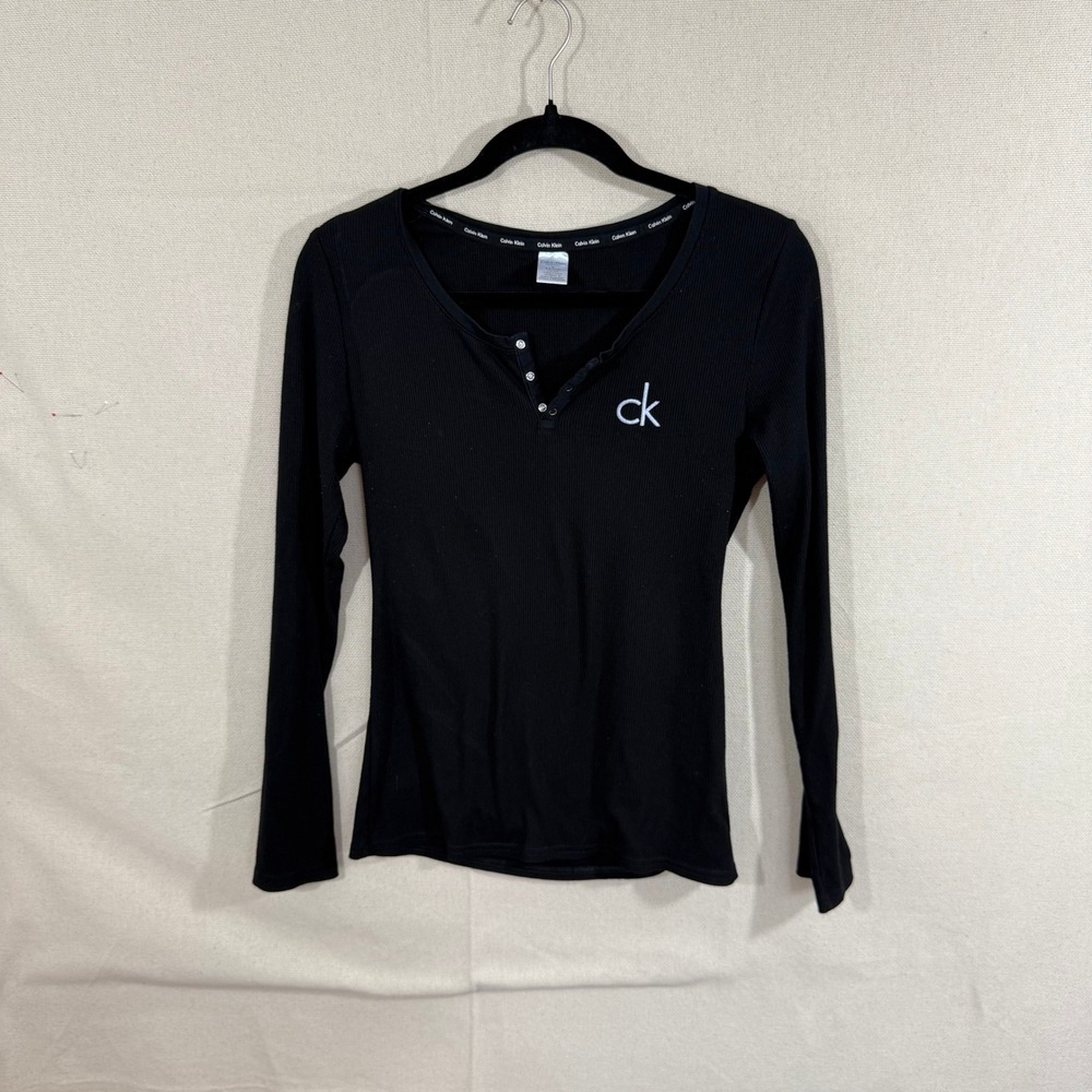 Calvin Klein Sleepwear Womens Black Ribbed Henley Long Sleeve Top Size M CK Logo